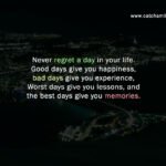 Never regret a day in your life. Good days give you happiness, bad days give you experience, Worst days give you lessons, and the best days give you memories.