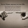 Never blame anyone in your life. Good people give you happiness. Bad people give you experience. Worst people give you a lesson. Best people give you memories.